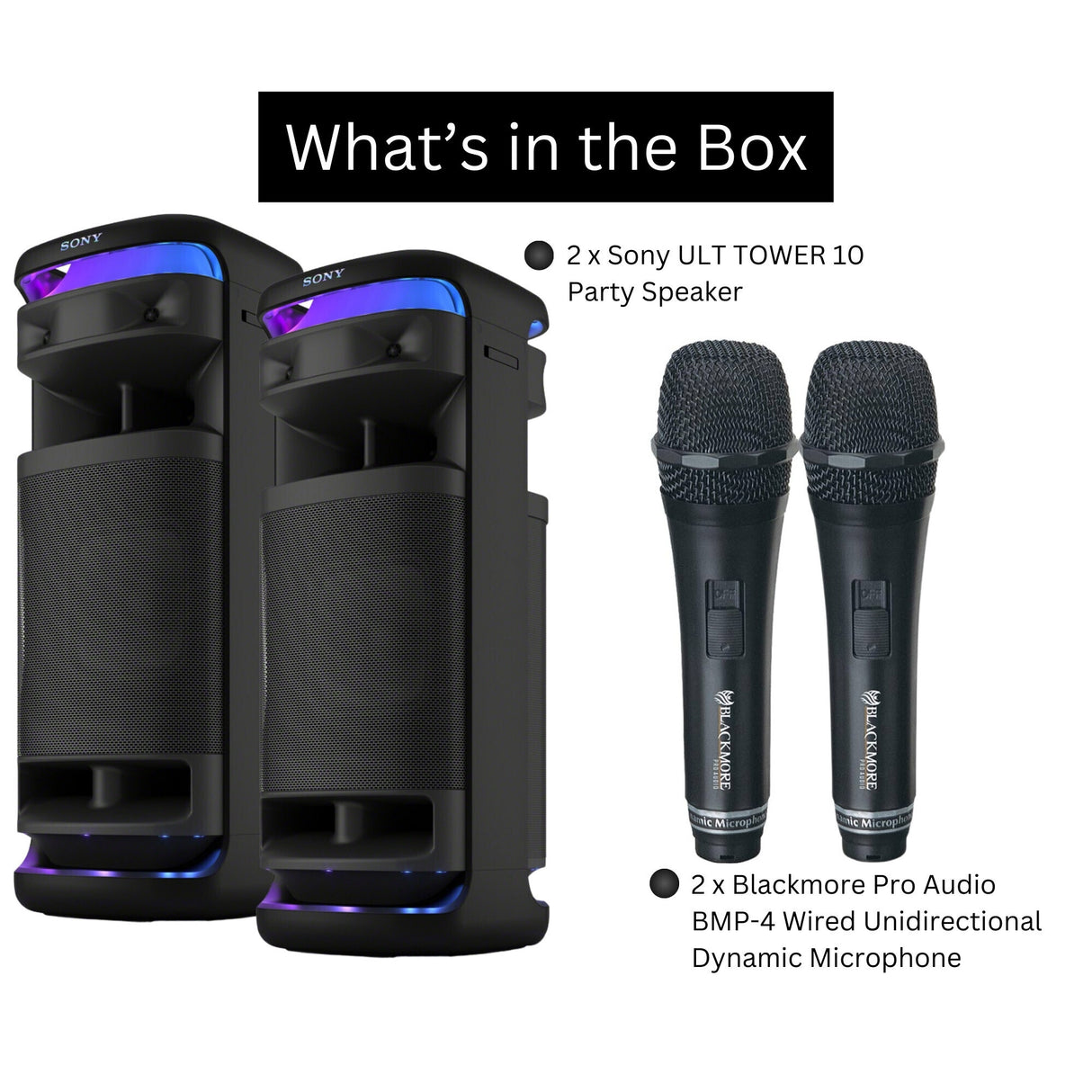Sony SRSULT1000 ULT TOWER 10 Party Speaker (Black, 2-Pack) with Microphone (Black, 2-Pack) Bundle