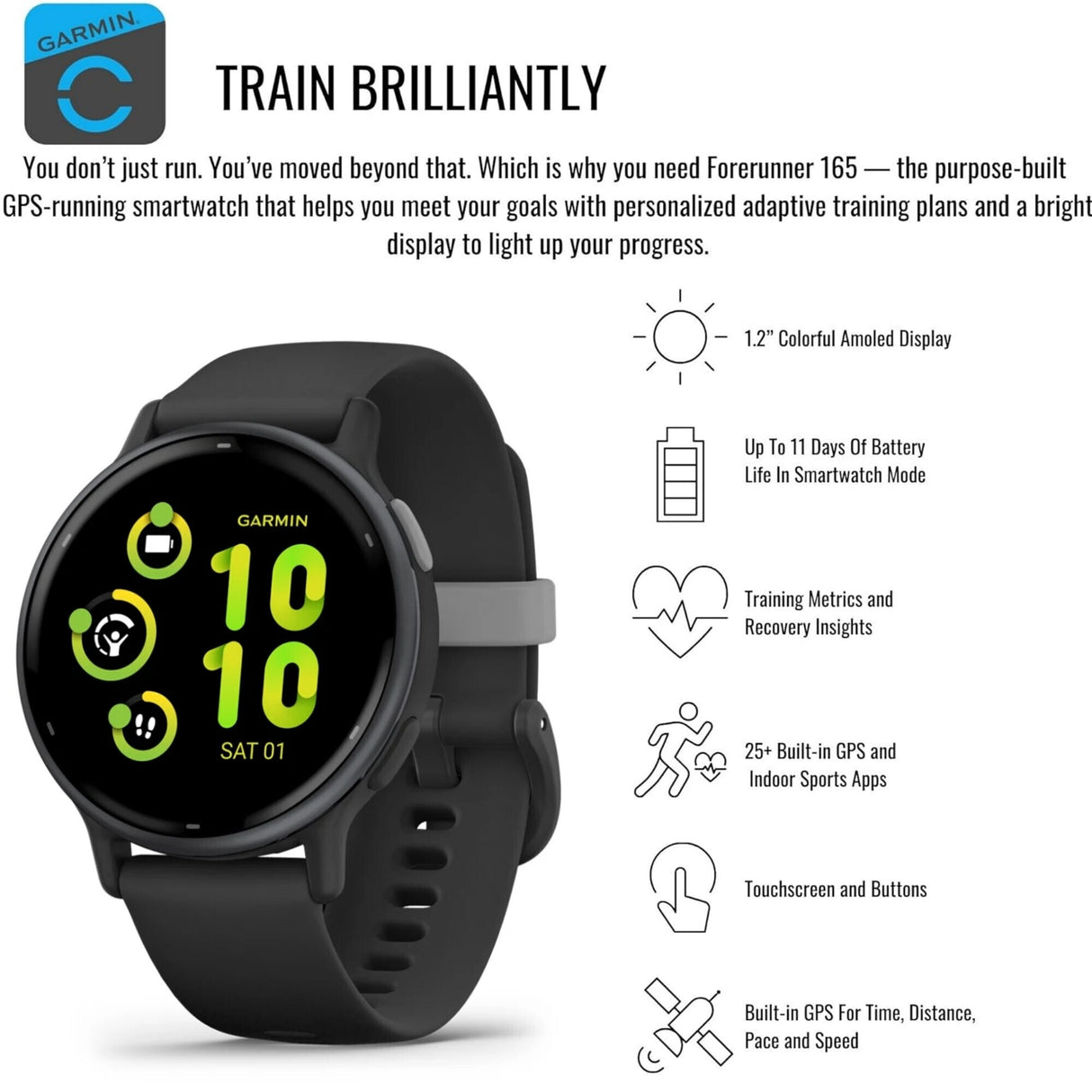 Garmin Forerunner 165 GPS Running Smartwatch (Black and Slate Gray) with Screen Protector Bundle