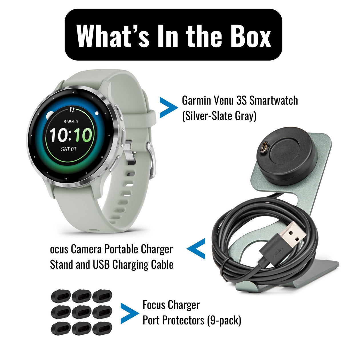 Garmin Venu 3S Smartwatch (Silver and Sage Gray) with Focus Camera Charger Stand and Cable Bundle
