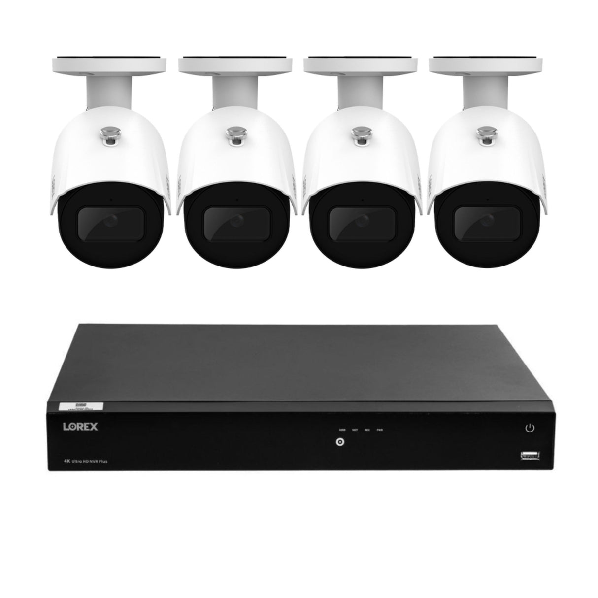 Lorex 4K 16 Camera Capable (Wired or Fusion Wi-Fi) 4TB NVR with Four Bullet Security Camera Bundle