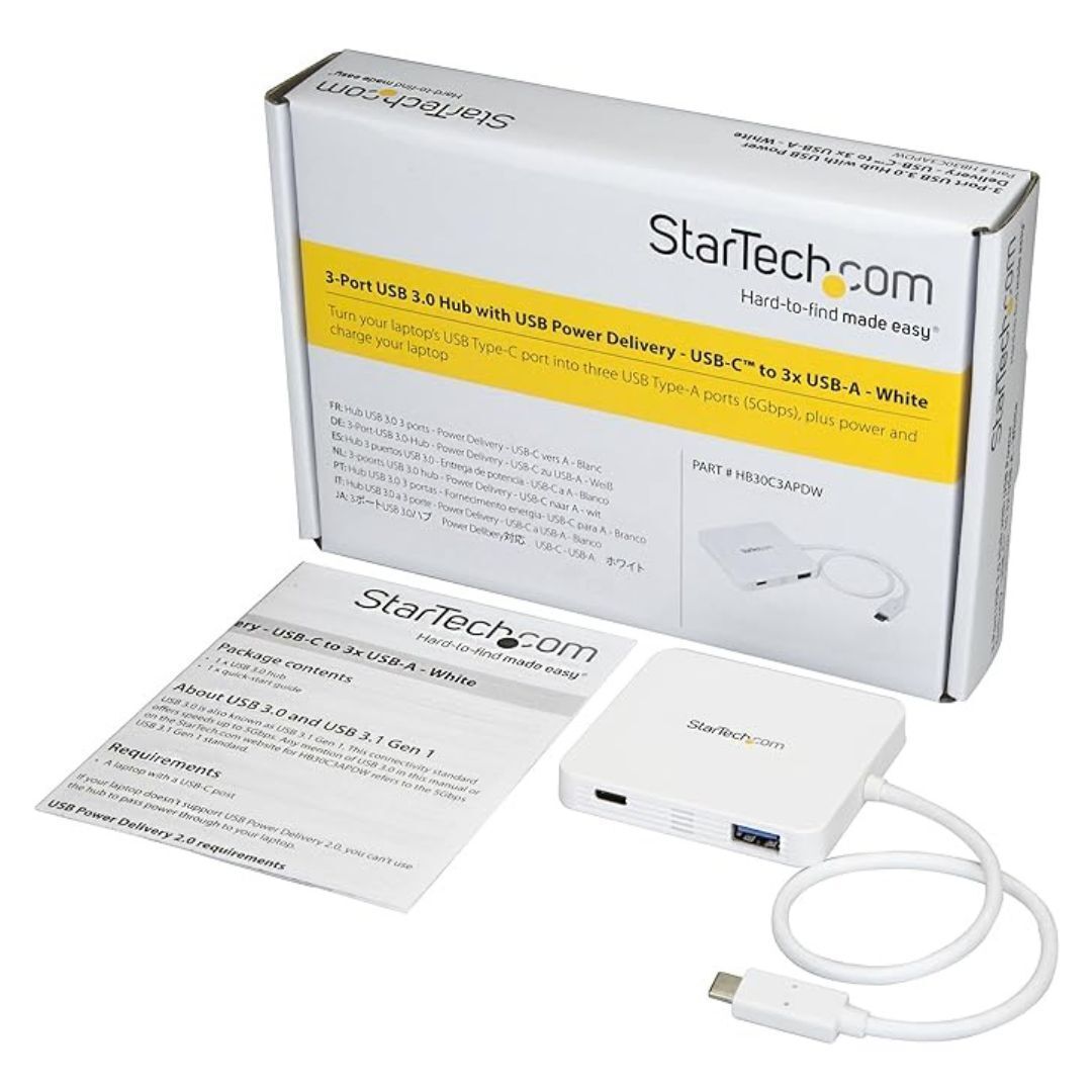 StarTech TAA Compliant 3-Port USB-C Portable Expansion Hub for USB-C Enabled Laptops (White)