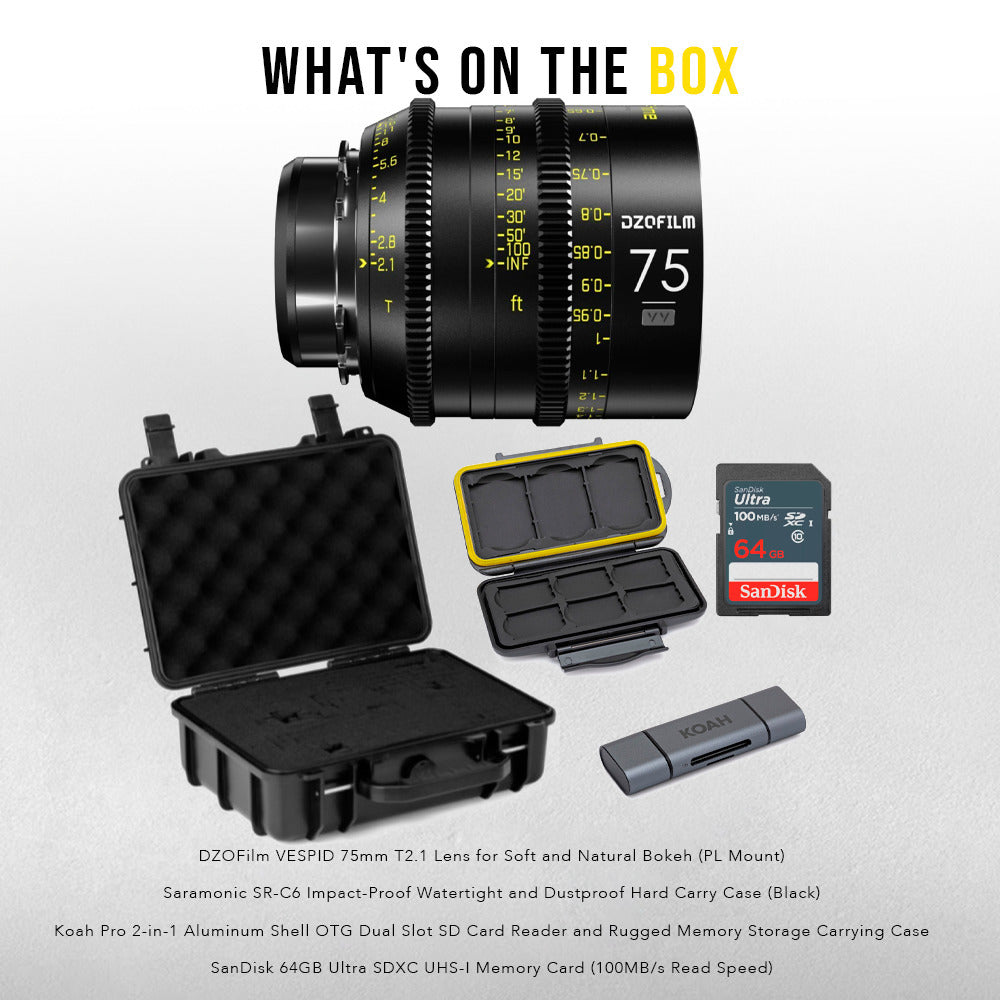 DZOFilm Vespid 75mm T2.1 Lens for Soft and Natural Bokeh (PL Mount) with Hard Carry Case Bundle