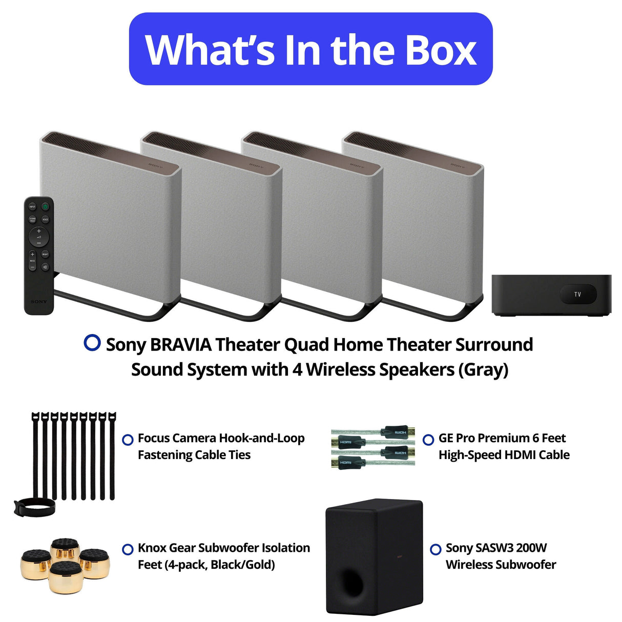 Sony BRAVIA Theater Quad Home Theater Surround Sound System with 4 Wireless Speakers (Gray) Bundle