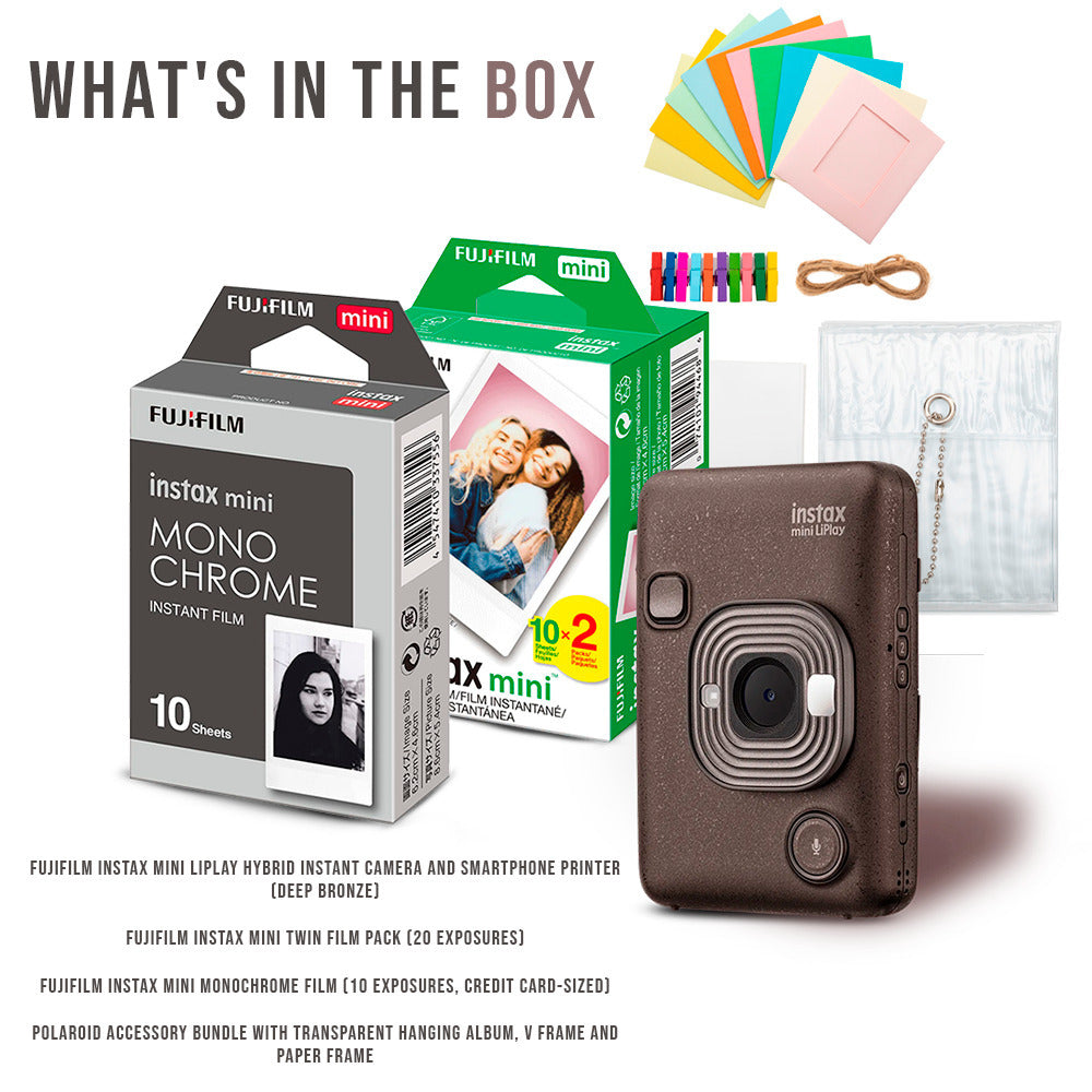 Fujifilm Instax Mini LiPlay Hybrid Instant Camera and Smartphone Printer (Deep Bronze) Bundle