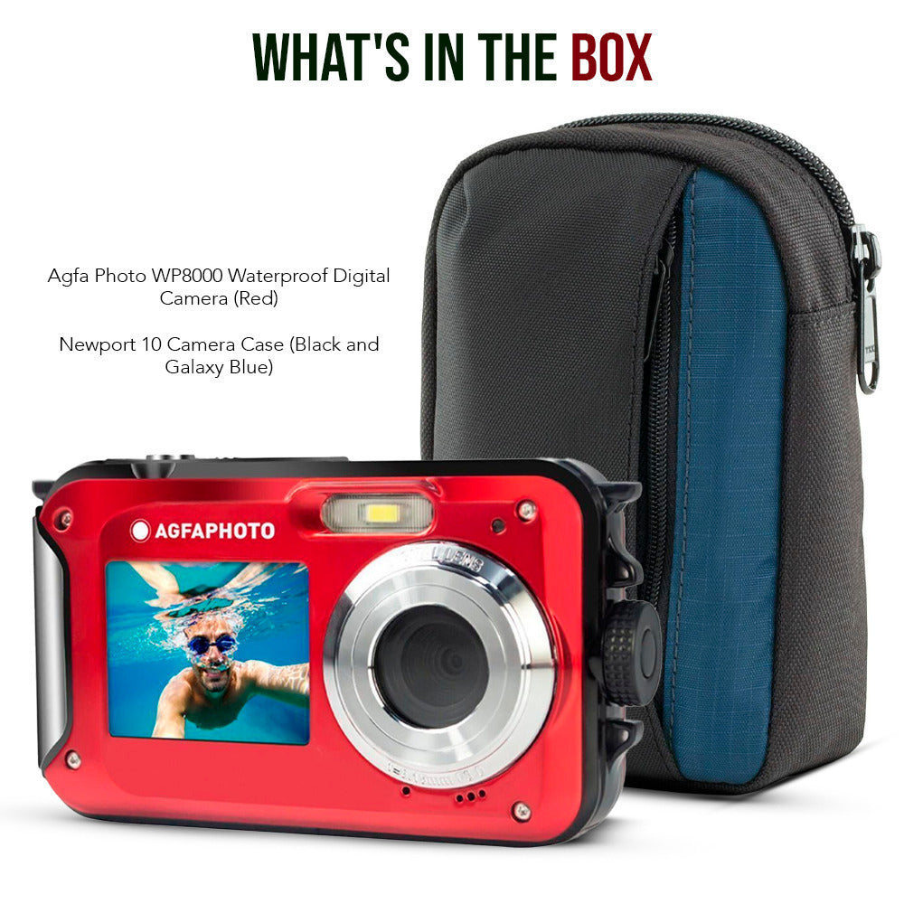 Agfa Photo WP8000 Waterproof Digital Camera (Red) with Camera Case (Black and Galaxy Blue) Bundle