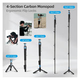 Sirui P-424FL Professional 4 Sections Monopod with Modular Design and 10-Layer Carbon Fiber Legs