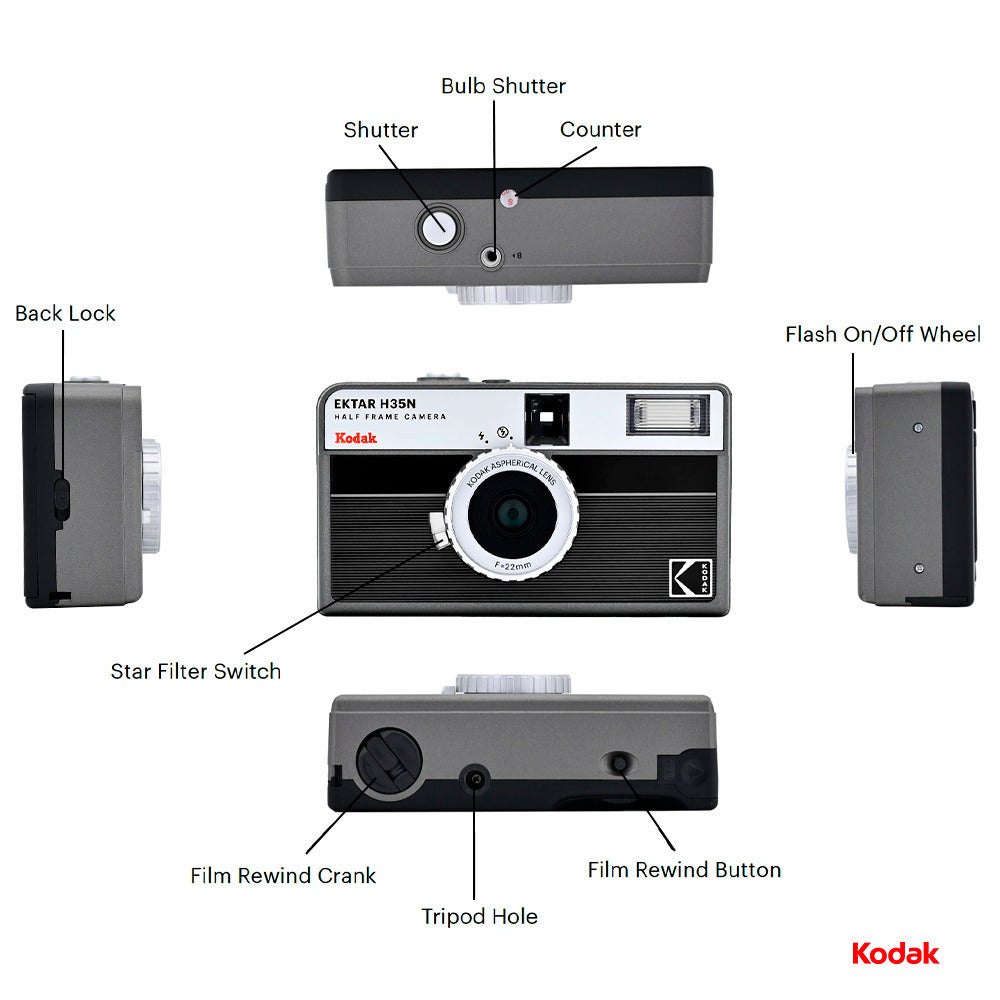 Kodak Ektar H35N 35mm Half Frame Film Camera with Star Filter and Tripod Support (Striped Black)