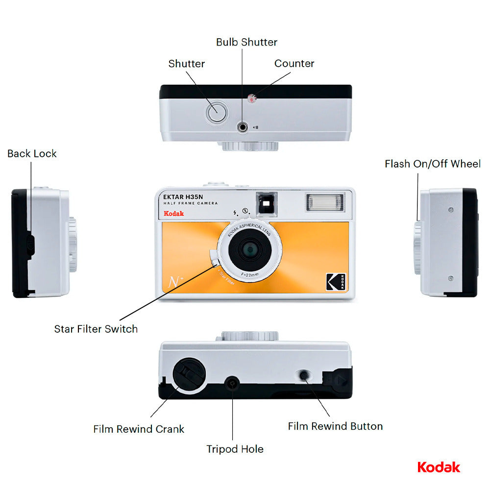 Kodak Ektar H35N 35mm Half Frame Film Camera with Star Filter and Tripod Support (Glazed Orange)