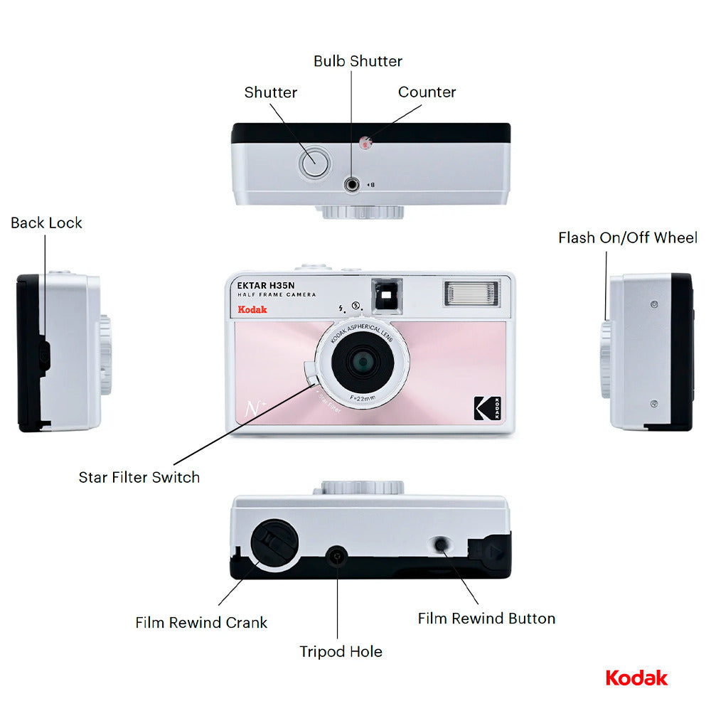 Kodak Ektar H35N 35mm Half Frame Film Camera with Star Filter and Tripod Support (Glazed Pink)
