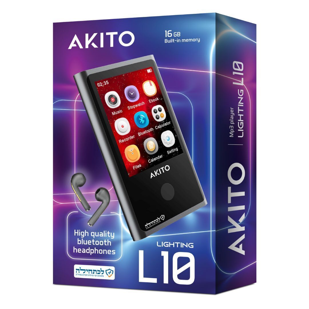 Akito L10 Kosher MP3 Player with 16GB Built-In Memory and Bluetooth Headphones (Black)