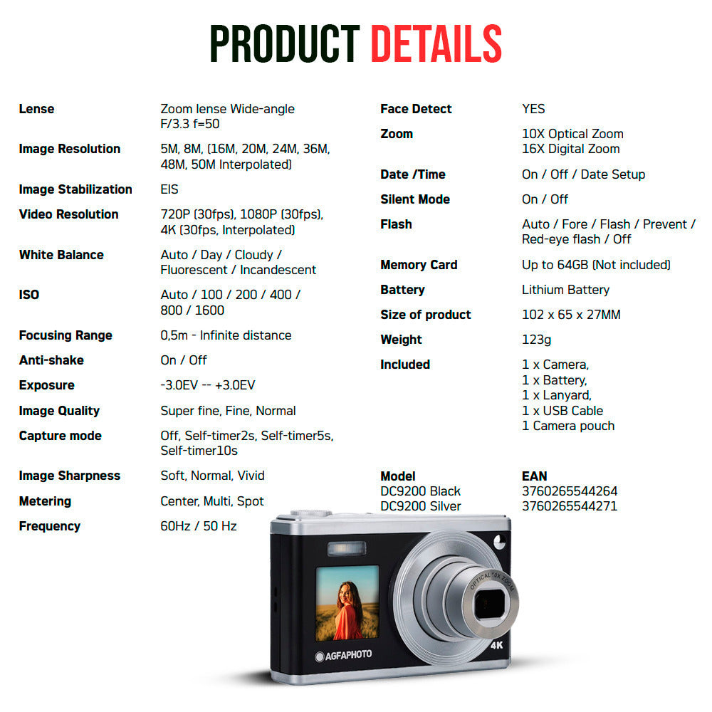 Agfa Photo DC9200 Compact Digital Camera (Black) with Camera Case (Black and Galaxy Blue) Bundle