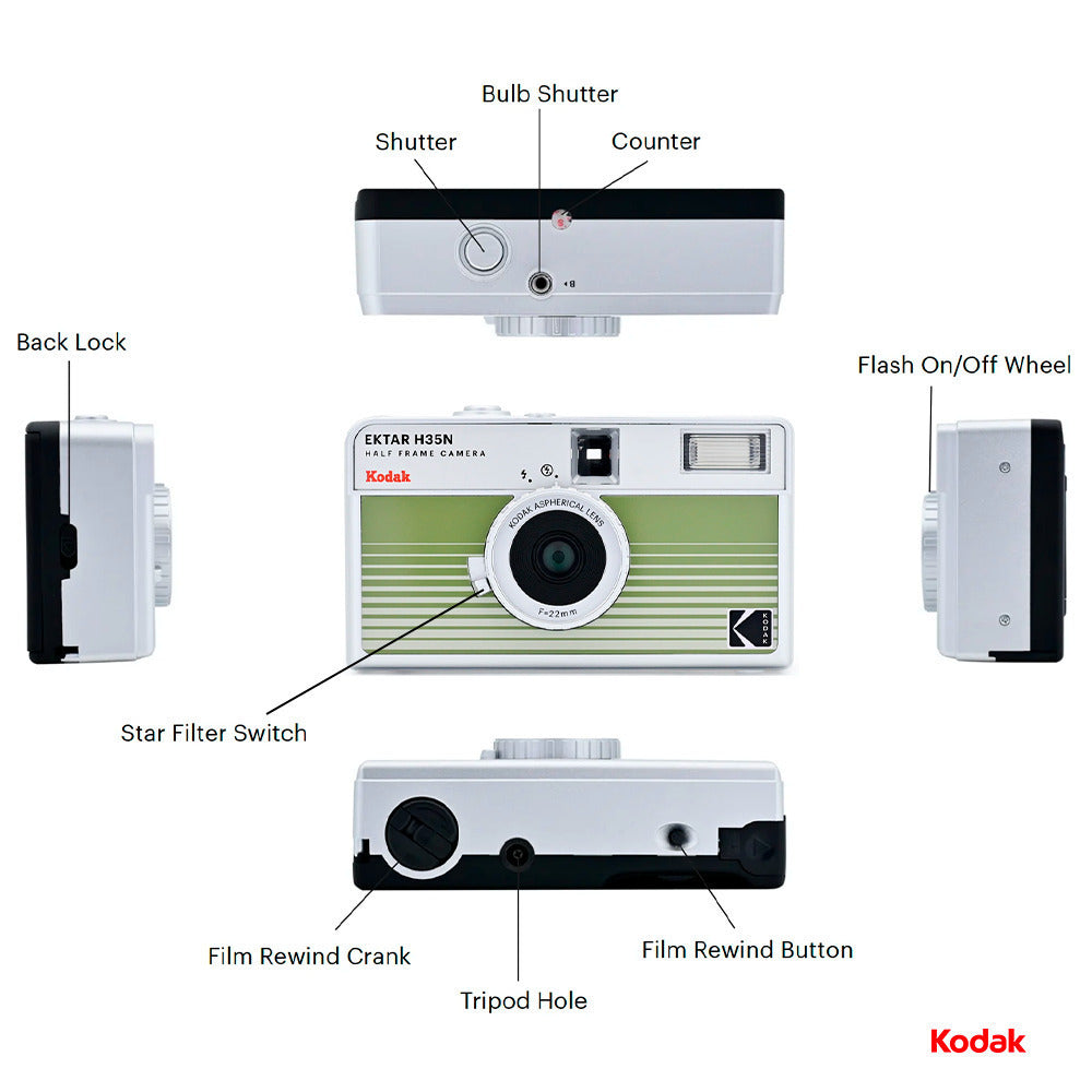 Kodak Ektar H35N 35mm Half Frame Film Camera Bundle with Ultramax 400 24 Exp Film (Striped Green)