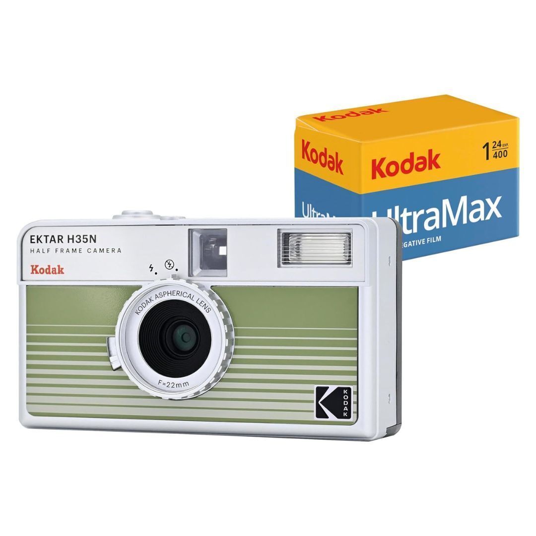 Kodak Ektar H35N 35mm Half Frame Film Camera Bundle with Ultramax 400 24 Exp Film (Striped Green)