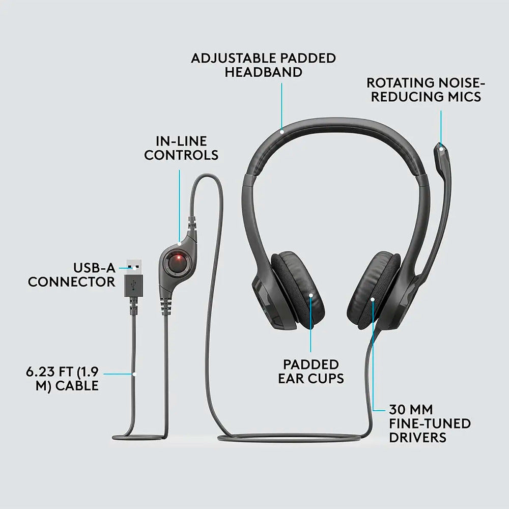 Logitech H390 USB Computer Headset with Noise-Canceling Microphone and Adjustable Headband (Black)