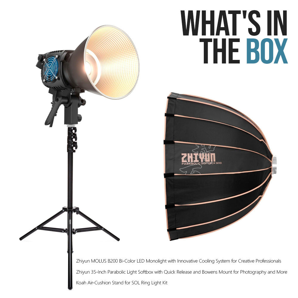 Zhiyun Molus B200 Bi-Color LED Monolight with Zhiyun 3-Feet 90D Parabolic Softbox Bundle