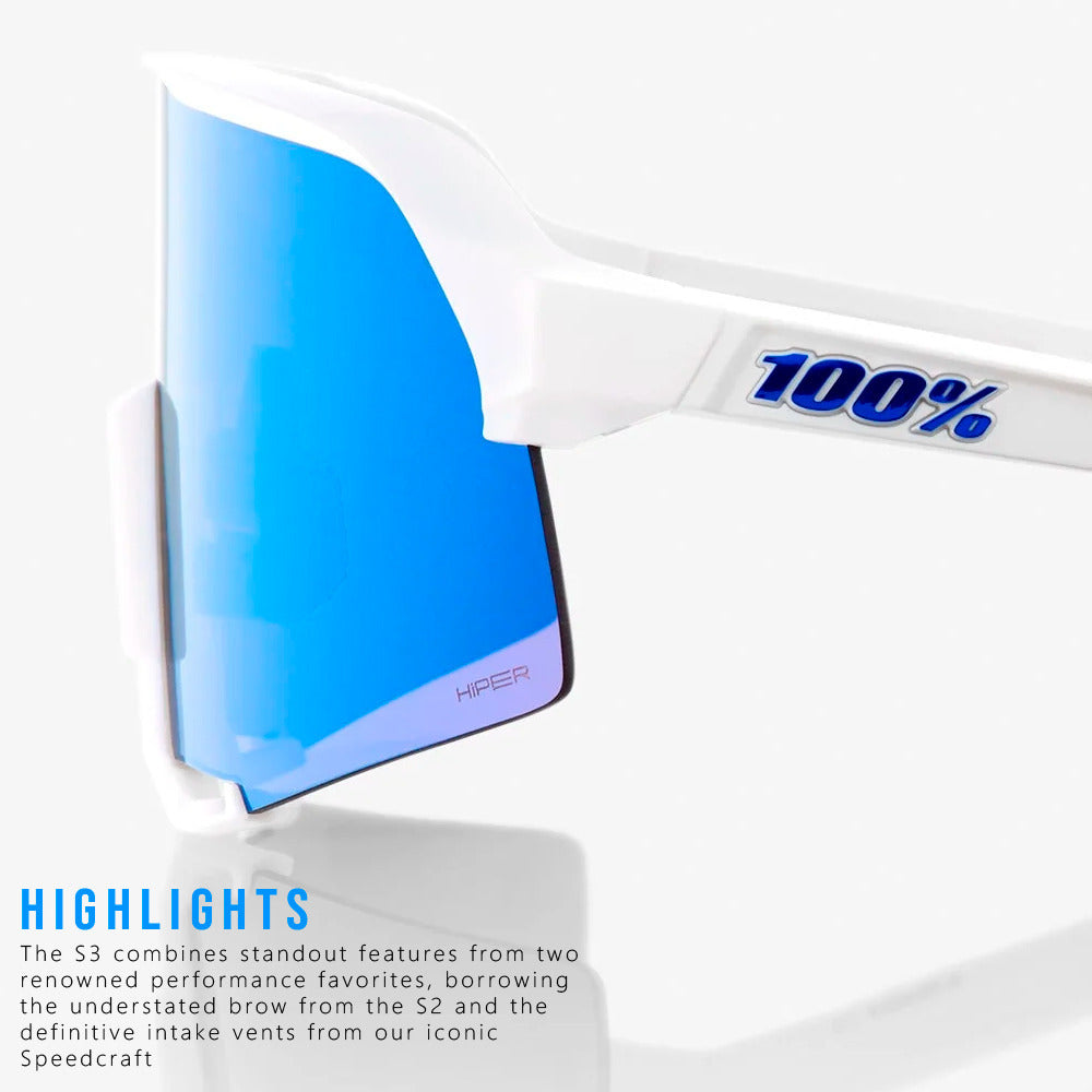 100% S3 Sunglasses Matte White HiPER Blue Lens – Focus Camera