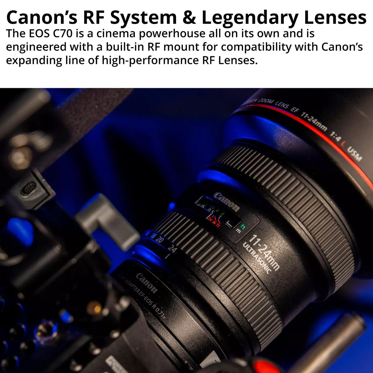 Canon EOS C70 Cinema with CN-R 35mm T1.5 L F Cinema Prime Lens & EF-EOS R 0.71x Mount Adapter Bundle