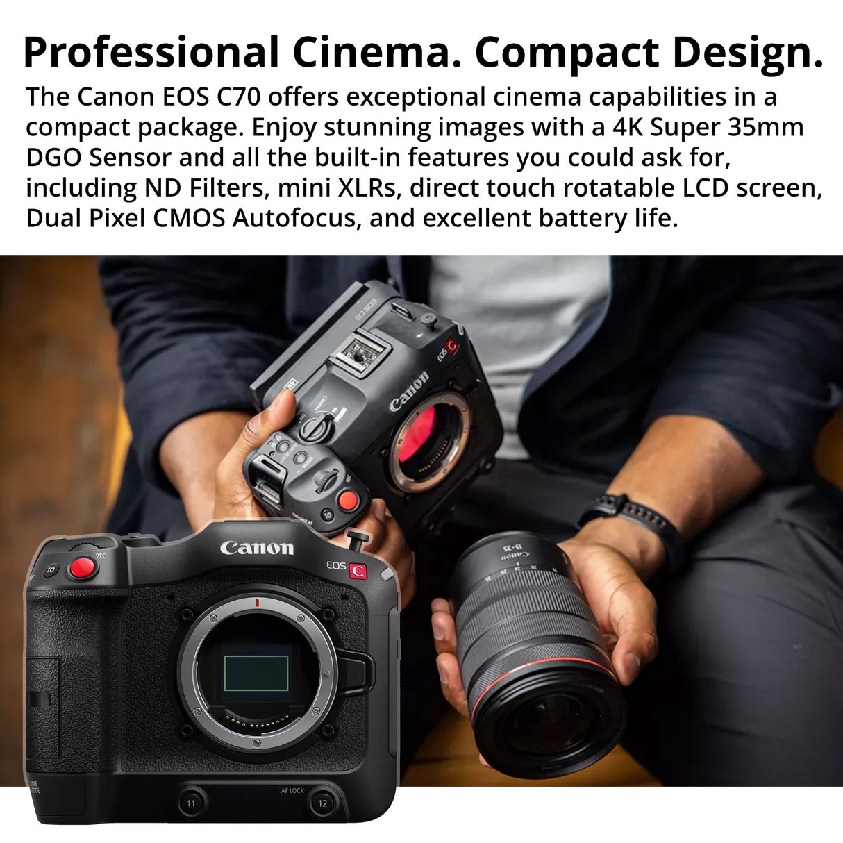 Canon EOS C70 Cinema with CN-R 35mm T1.5 L F Cinema Prime Lens & EF-EOS R 0.71x Mount Adapter Bundle