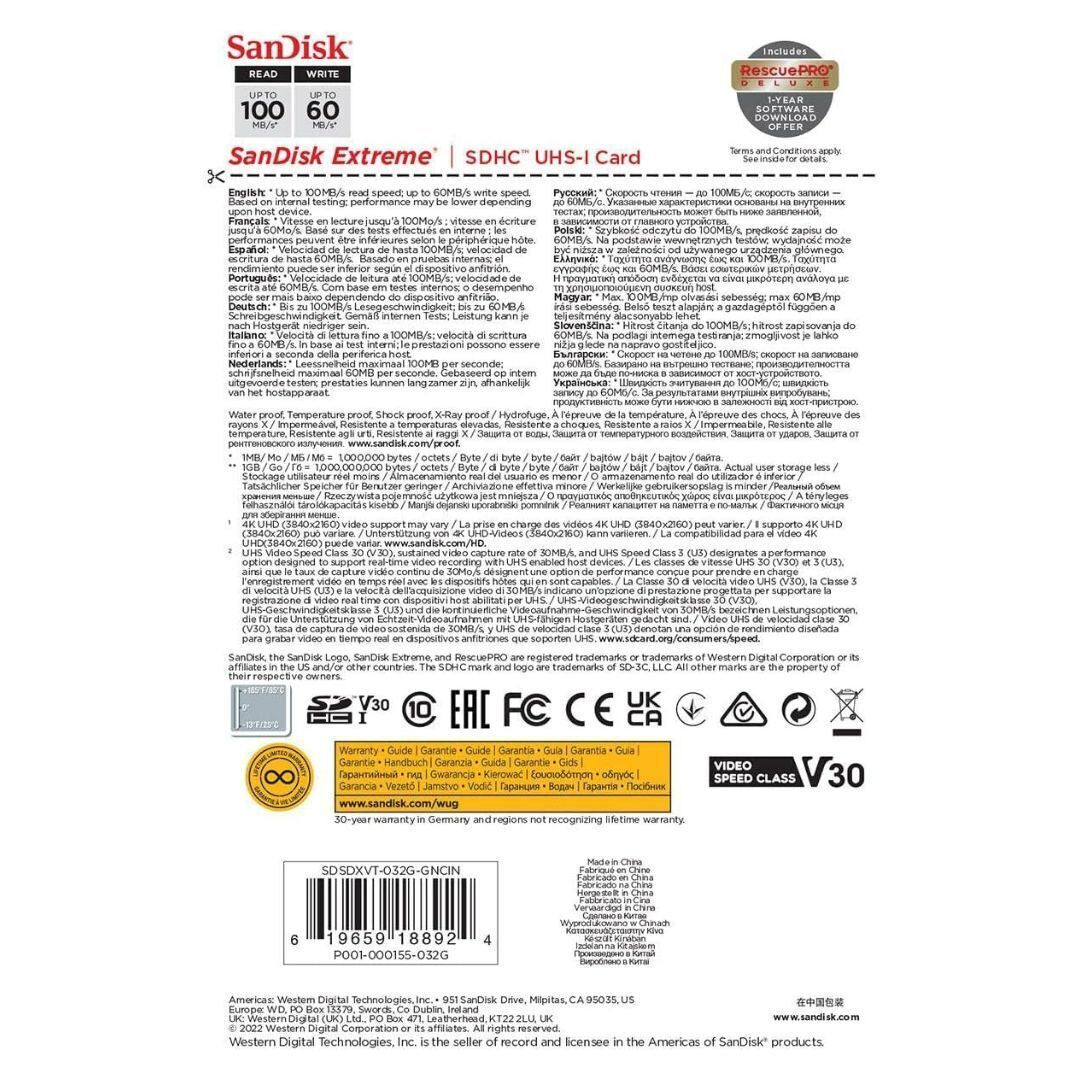 SanDisk Extreme SDHC Memory Card 32GB Read Speed 100 MB/s Write Speed 60MB/s (Open Box)