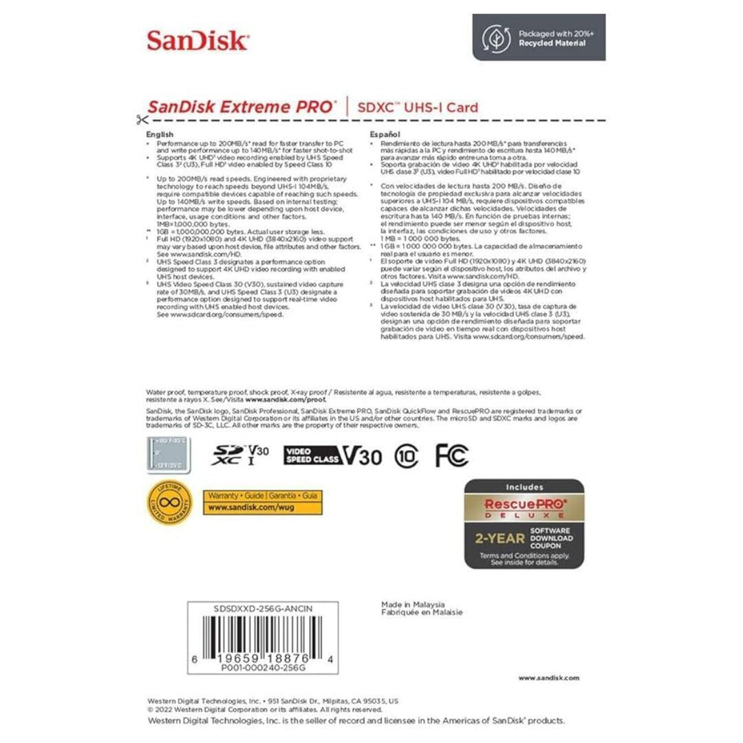 SanDisk Extreme Pro SDXC UHS-I Memory Card with 200MBPS Read and 140MBPS Write Speed (256GB, Black)