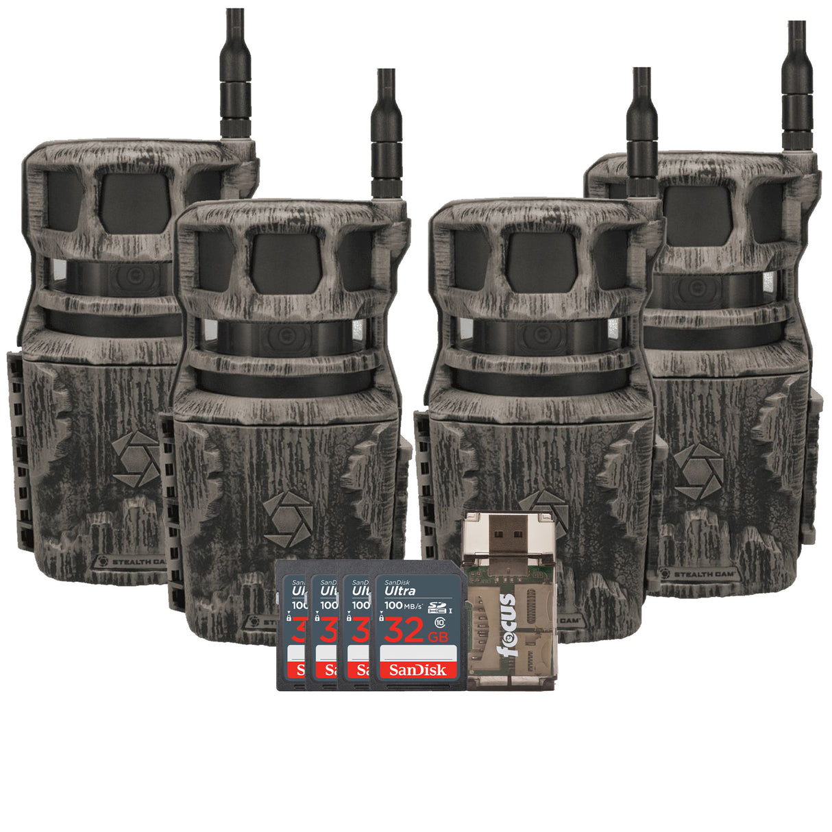 Stealth Cam Revolver Pro 360 Degree Cellular Trail Camera 4-Pack with Four 32GB Cards and Reader