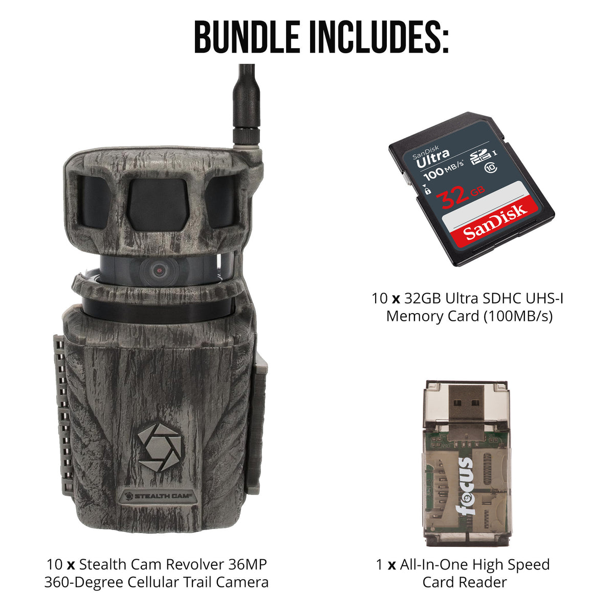 Stealth Cam Revolver 360 Degree Cellular Trail Camera 10-Pack with Ten 32GB Cards and Reader