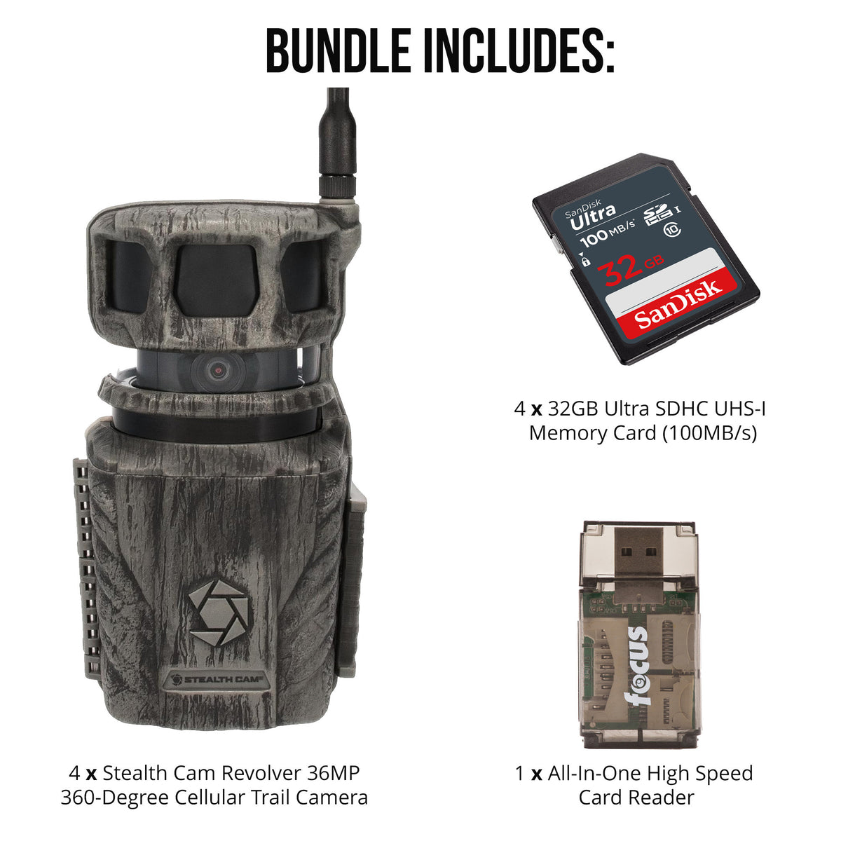 Stealth Cam Revolver 36MP 360 Degree Cellular Trail Camera  4-Pack with Four 32GB Cards and Reader