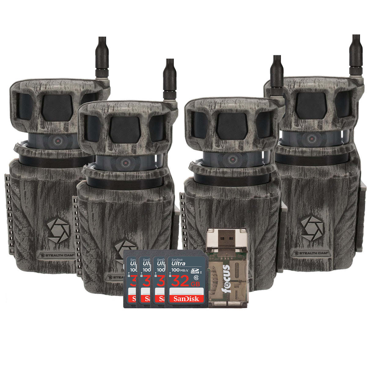 Stealth Cam Revolver 36MP 360 Degree Cellular Trail Camera  4-Pack with Four 32GB Cards and Reader