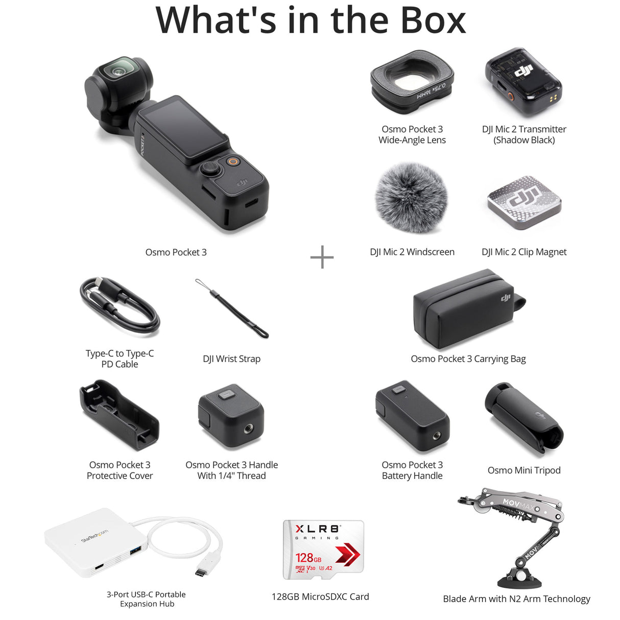 DJI Osmo Pocket 3 Creator Combo with Blade Arm for DJI Pocket 3 and Insta 360 Cameras Bundle