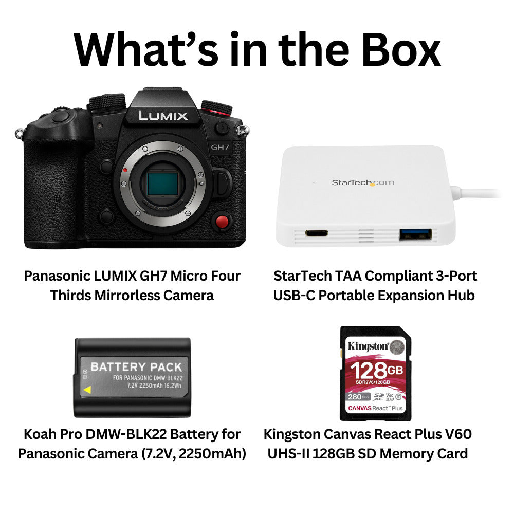 Panasonic LUMIX GH7 Micro Four-Thirds Mirrorless Camera Body with 128GB SD Card and USB-C Hub Bundle