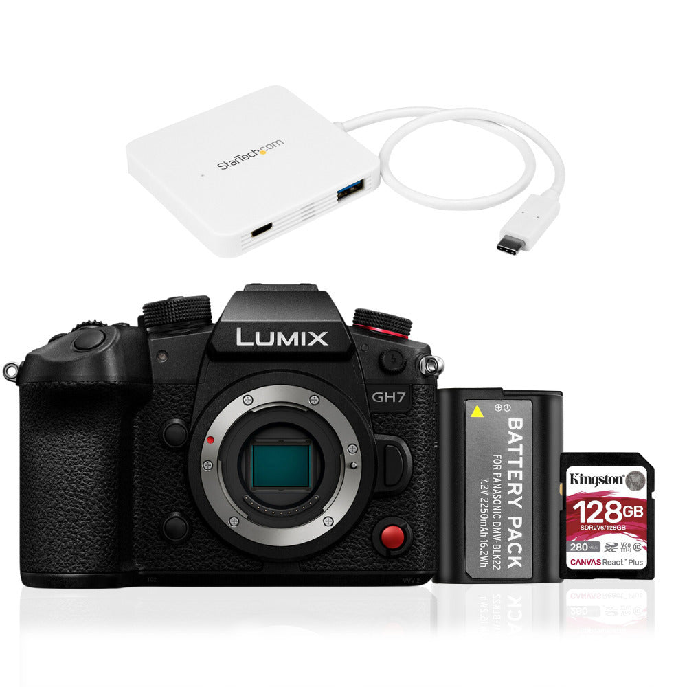 Panasonic LUMIX GH7 Micro Four-Thirds Mirrorless Camera Body with 128GB SD Card and USB-C Hub Bundle