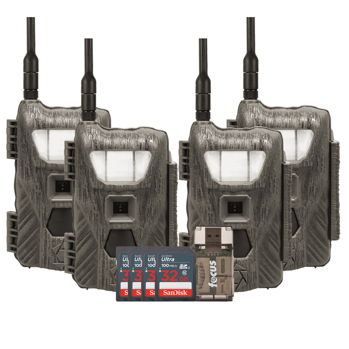 Stealth Cam Flashback White Flash Cellular Trail Camera 4-Pack with Four 32GB Cards and Card Reader