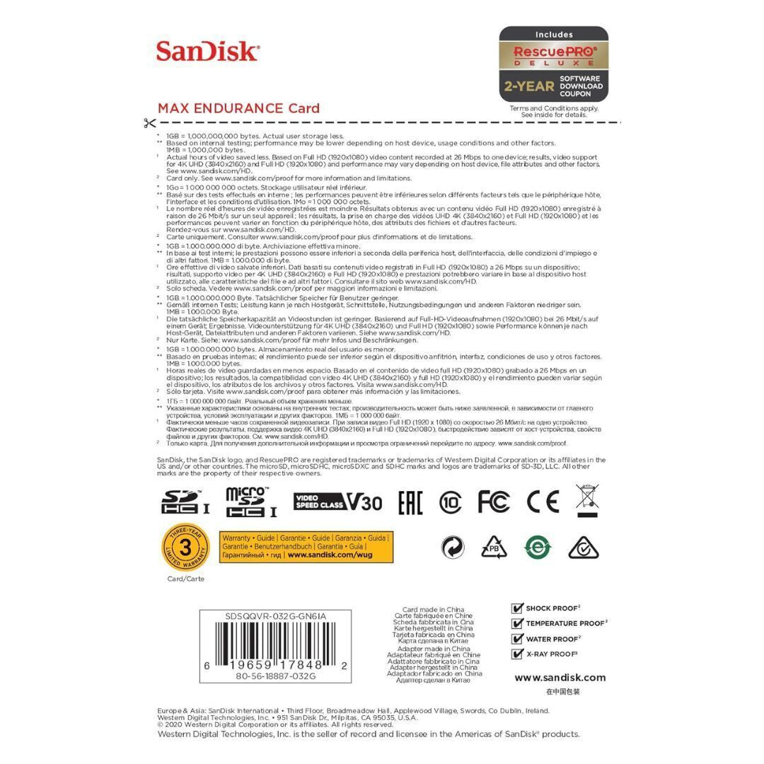 SanDisk 32GB MAX Endurance MicroSDHC Card with Adapter, 100MBPS Read Speed, and 40MBPS Write Speed
