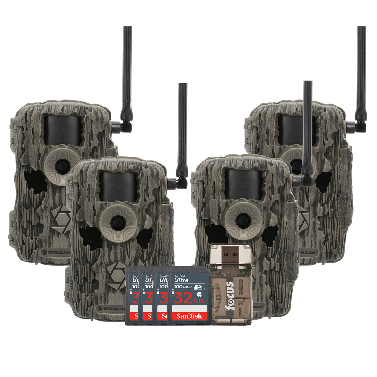 Stealth Cam 36MP Fusion Max Cellular Trail Camera 4-Pack with Four 32GB Cards and Card Reader