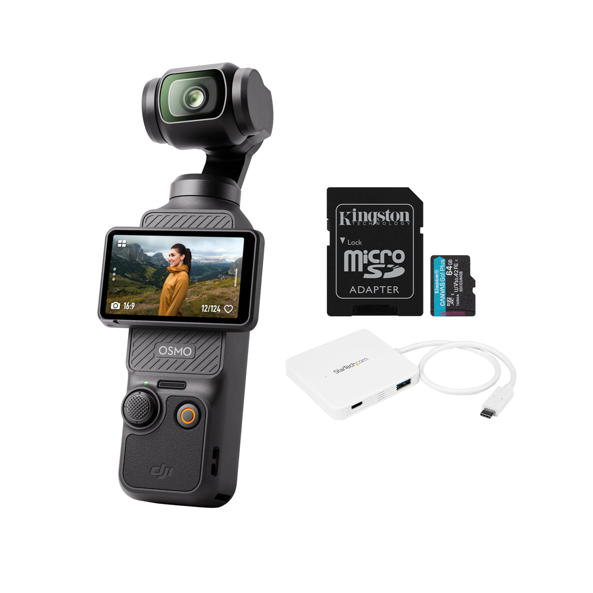 DJI Osmo Pocket 3 Handheld Action Camera with 64GB MicroSD Card and 3-Port USB-C Hub Bundle