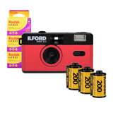 Ilford Sprite 35-II Reusable 35mm Analog Film Camera (Red and Black) with Film (3-Pack) Bundle
