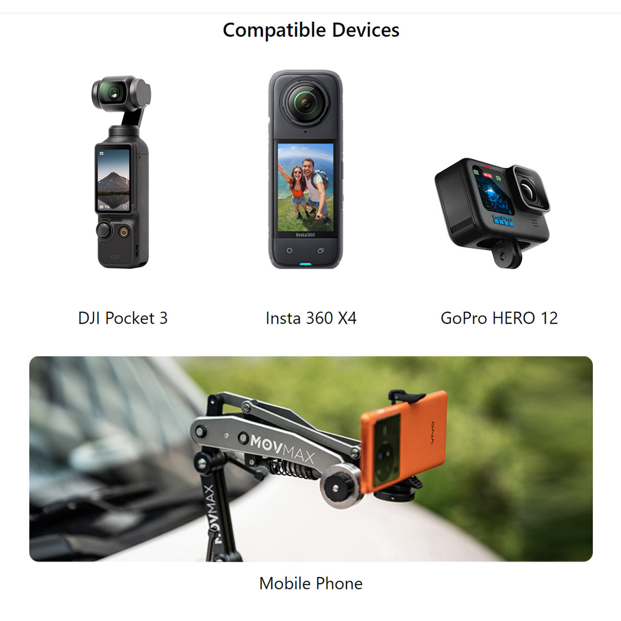 Movmax Blade Arm for DJI Pocket 3 with N2 Arm Technology with Movmax Hoop Connector (Gray) Bundle