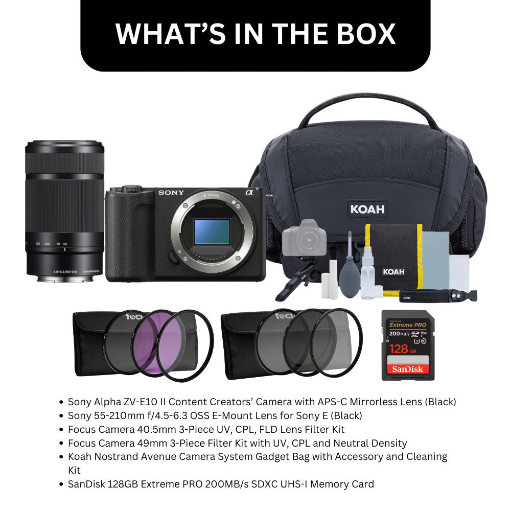 Sony Alpha ZV-E10 II Content Creators Camera with APS-C Mirrorless Lens and Lens Kit (Black) Bundle
