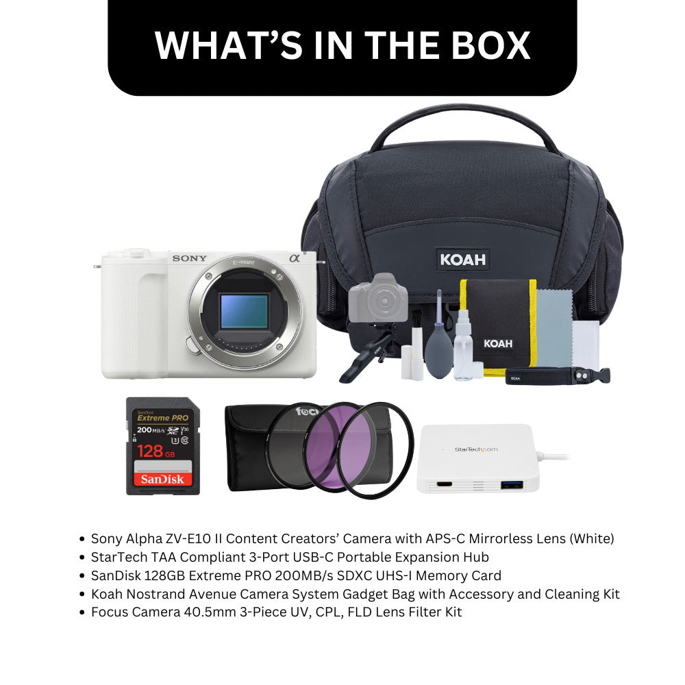 Sony Alpha ZV-E10 II Content Creators Camera with APS-C Mirrorless Lens and Lens Kit (White) Bundle