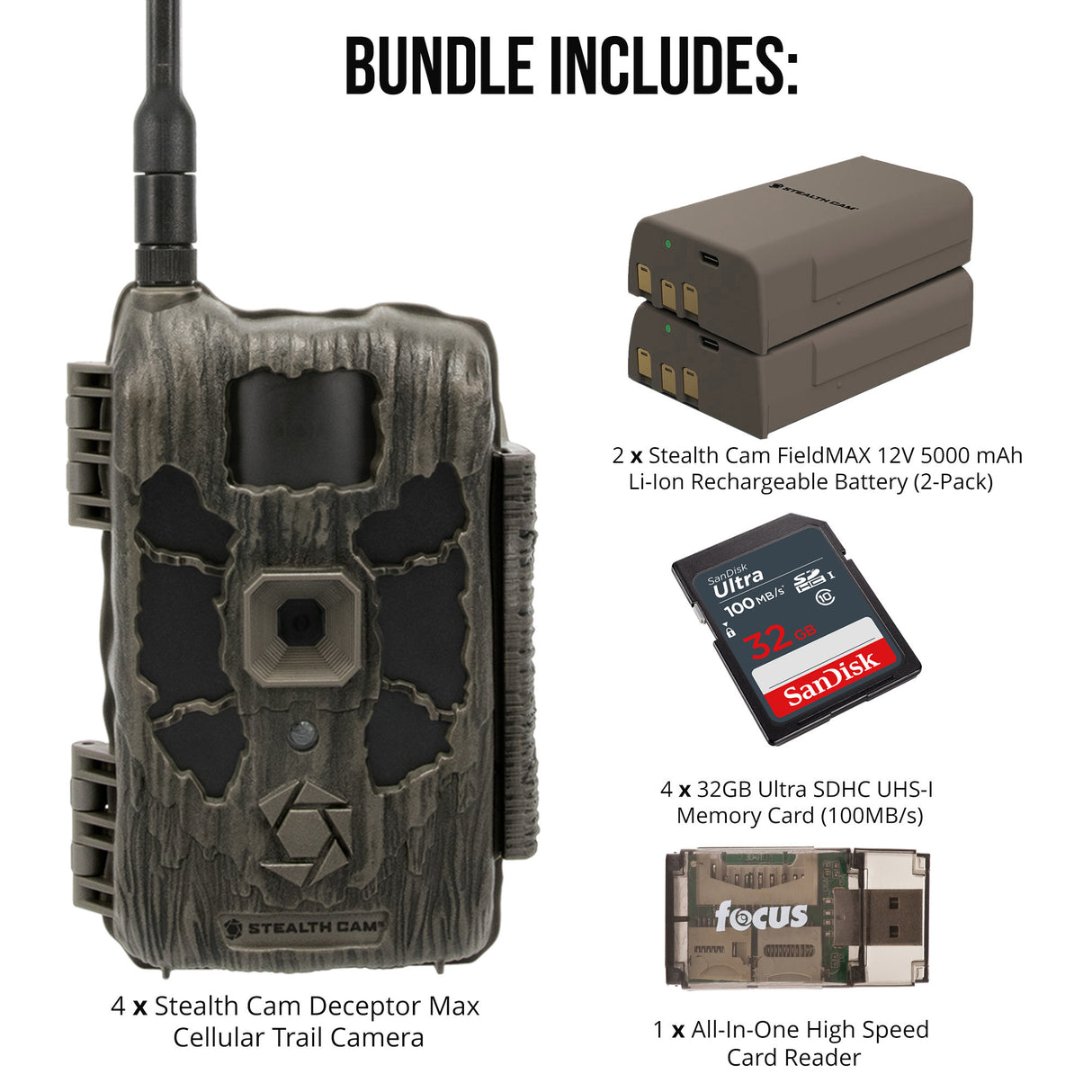 Stealth Cam 40MP Deceptor Max Cellular Trail Camera 4-Pack with Fieldmax Lithium 4-Pack Bundle