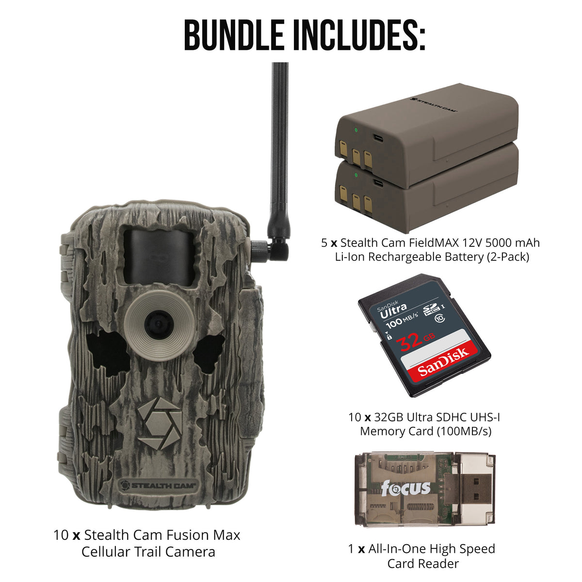 Stealth Cam 36MP Fusion Max Cellular Trail Camera 10-Pack with Fieldmax Lithium 10-Pack Bundle