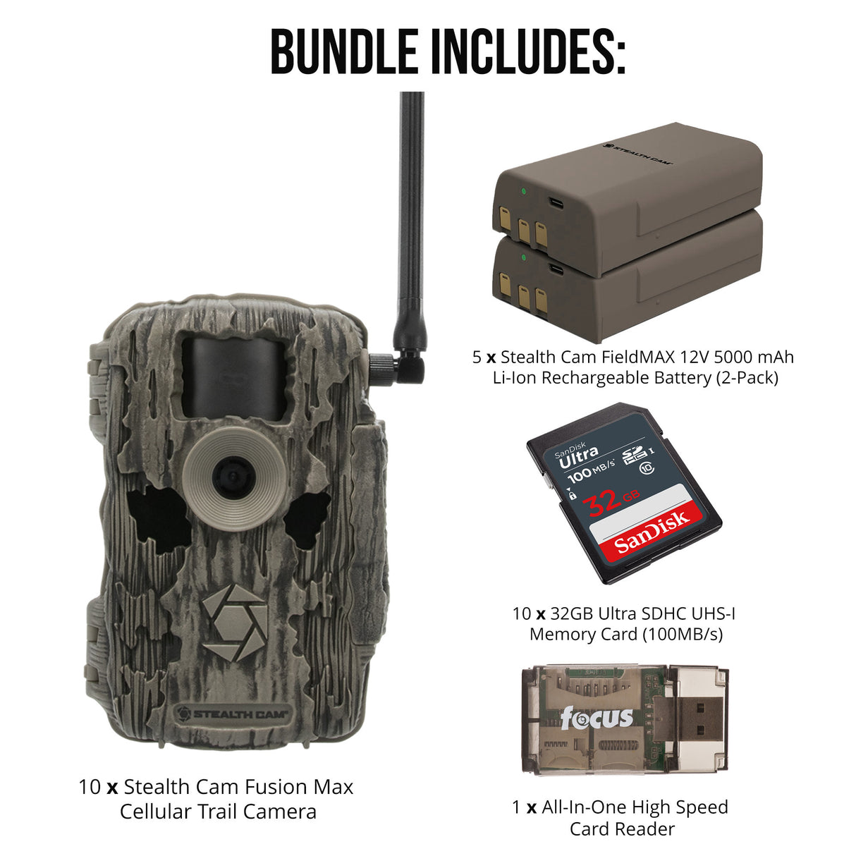 Stealth Cam 36MP Fusion Max Cellular Trail Camera 10-Pack with Fieldmax Lithium 10-Pack Bundle