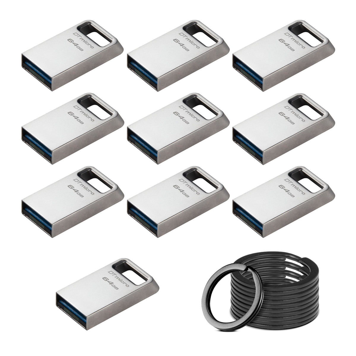 Kingston 64GB DataTraveler Micro USB Metal Flash Drive (10-Pack) and Keyrings (10-Pack) Bundle