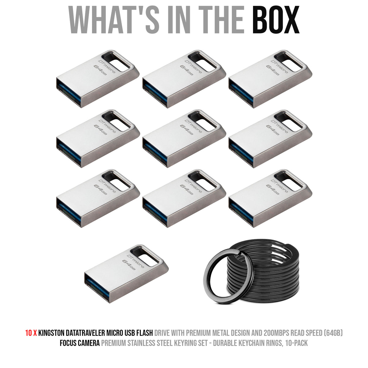 Kingston 64GB DataTraveler Micro USB Metal Flash Drive (10-Pack) and Keyrings (10-Pack) Bundle
