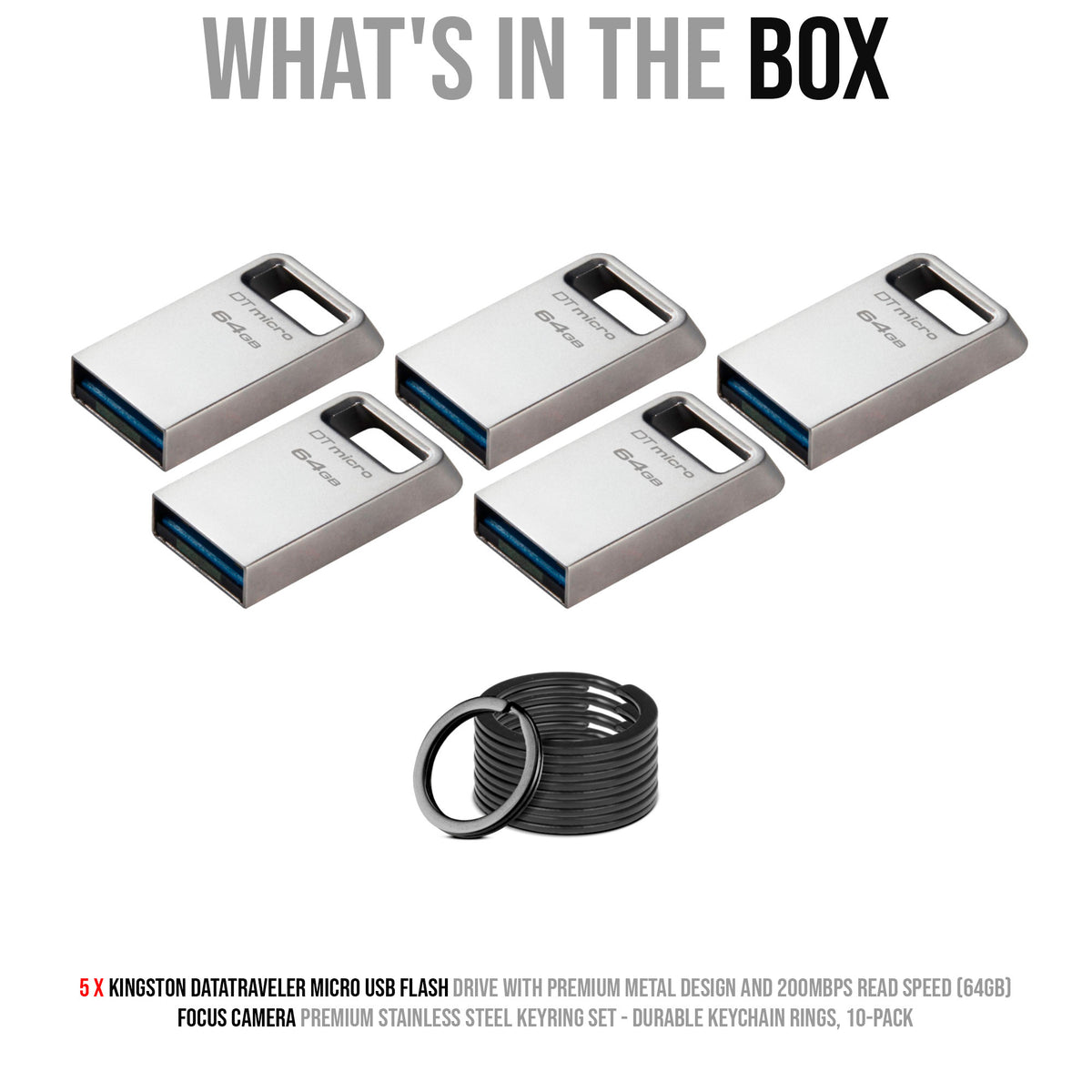Kingston 64GB DataTraveler Micro USB Metal Flash Drive (5-Pack) and Keyrings (10-Pack) Bundle