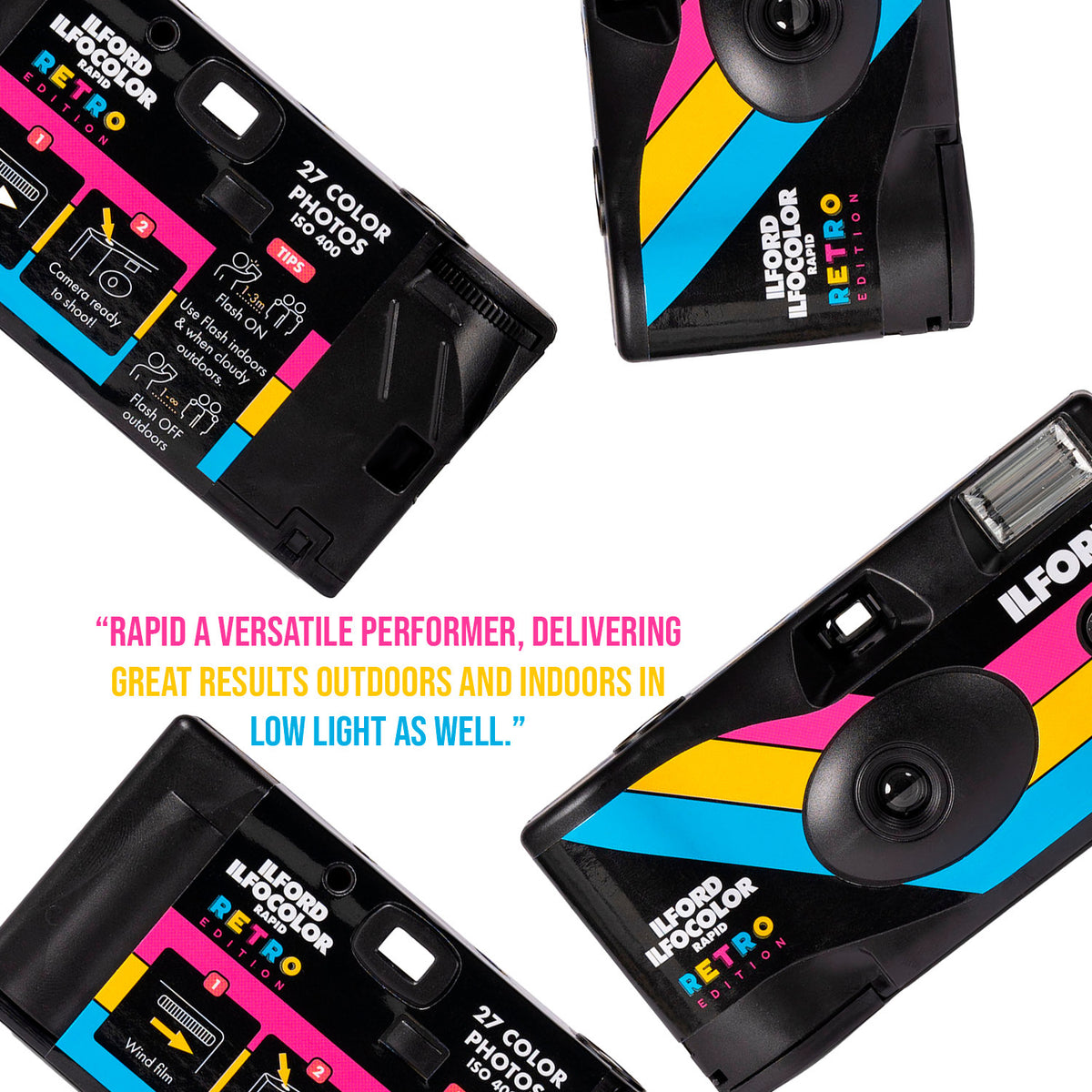 Ilford Ilfocolor Rapid Retro Single Use Camera with 31mm Optical Lens (Black, 4-Pack) Bundle