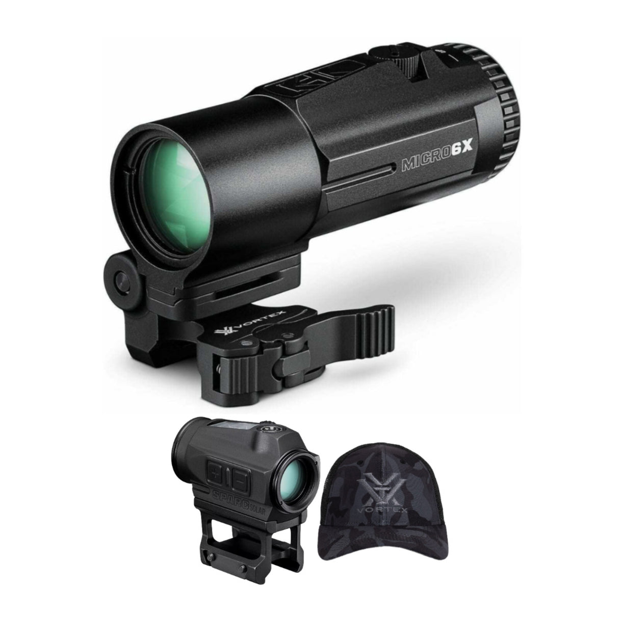 Vortex Micro 6X Red Dot Magnifier with Vortex Sparc Solar 2 MOA Red Dot and Vortex Logo Hat Bundle