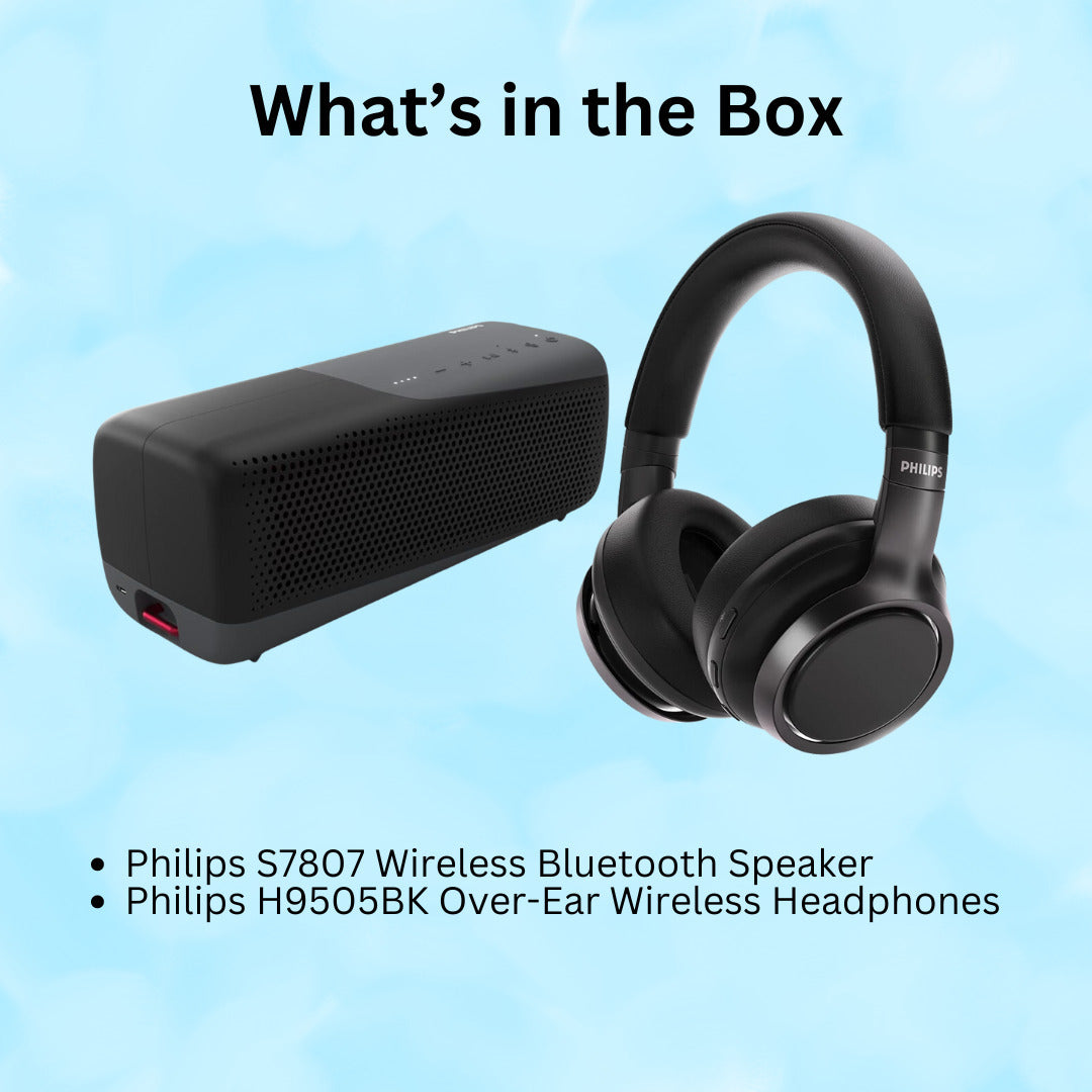 Philips S7807 Wireless Bluetooth Speaker with Philips H9505BK Over-Ear Wireless Headphones Bundle