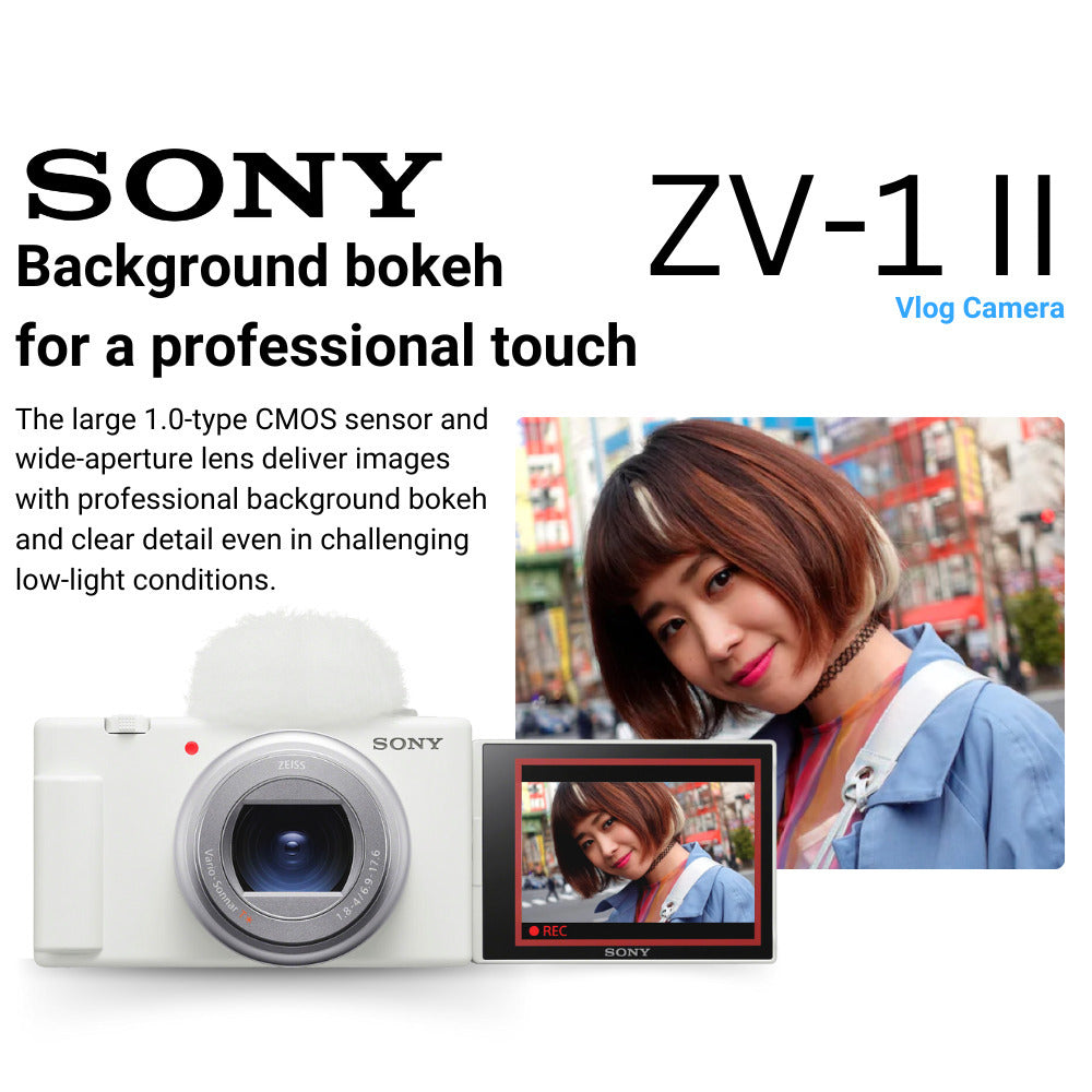 Sony ZV-1 II Vlog Camera for Content Creators and Vloggers (White) with 64GB SDXC Memory Card Bundle