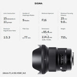 Sigma 24mm F1.4 DG HSM Art Lens with USB Dock, Camera Bag, 64GB Memory Card, and 77mm Filter Bundle
